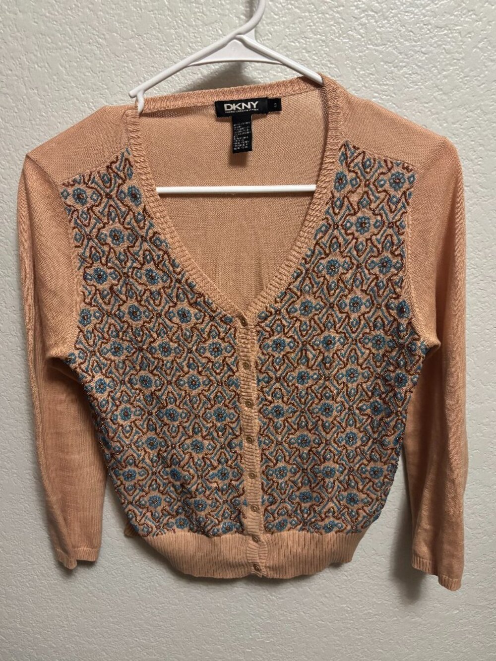 DKNY Embroidered Beaded Cropped Cardigan Size Small Blush Peach